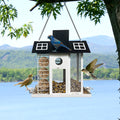Solar Metal Bird Feeder House Black White Outdoor Decor