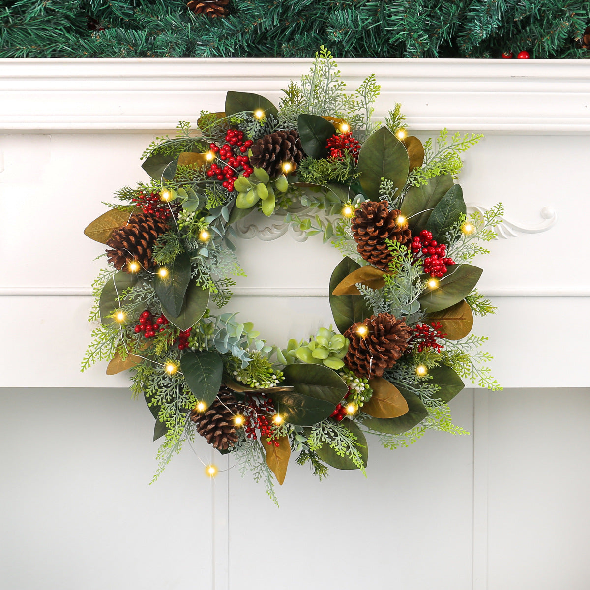 Christmas Wreath with Red Bow and Ornaments Door Decor