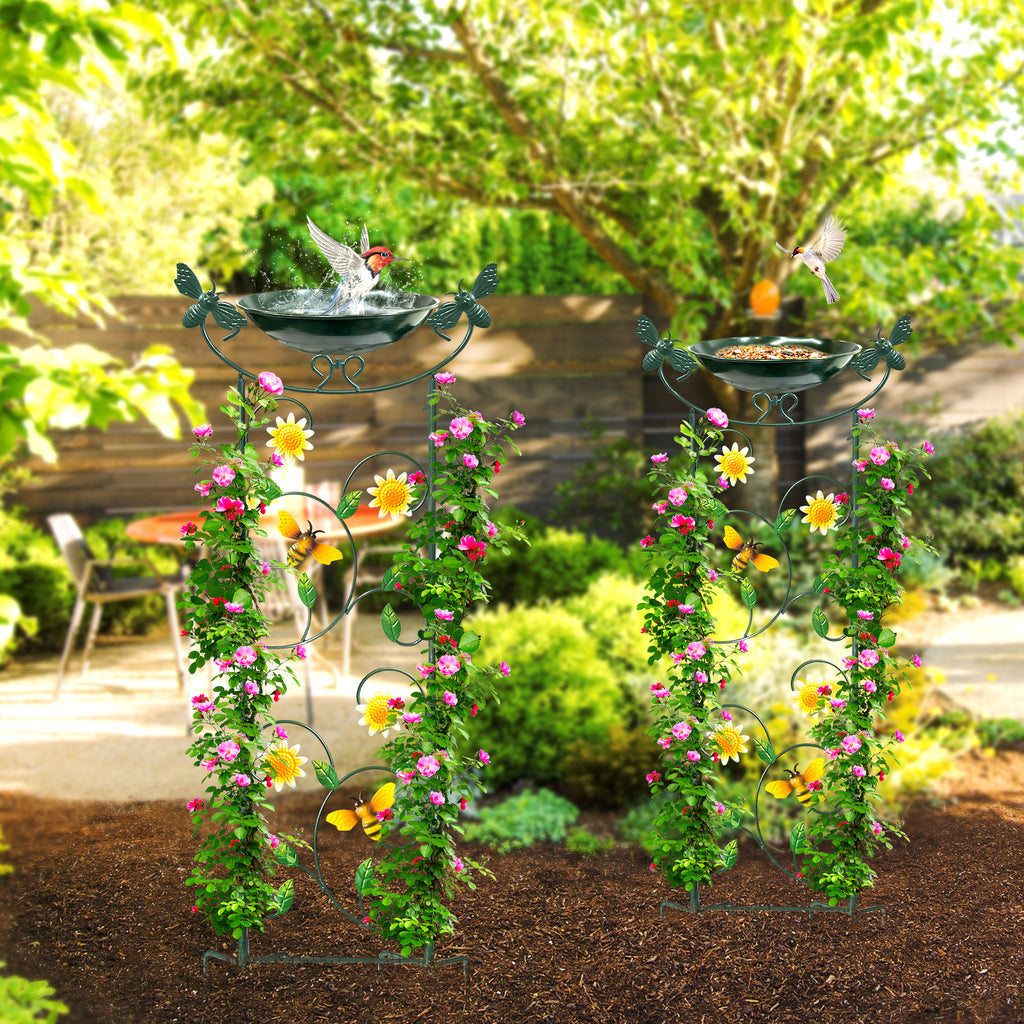Green Bee Metal Bird Bath with Trellis Garden Decor