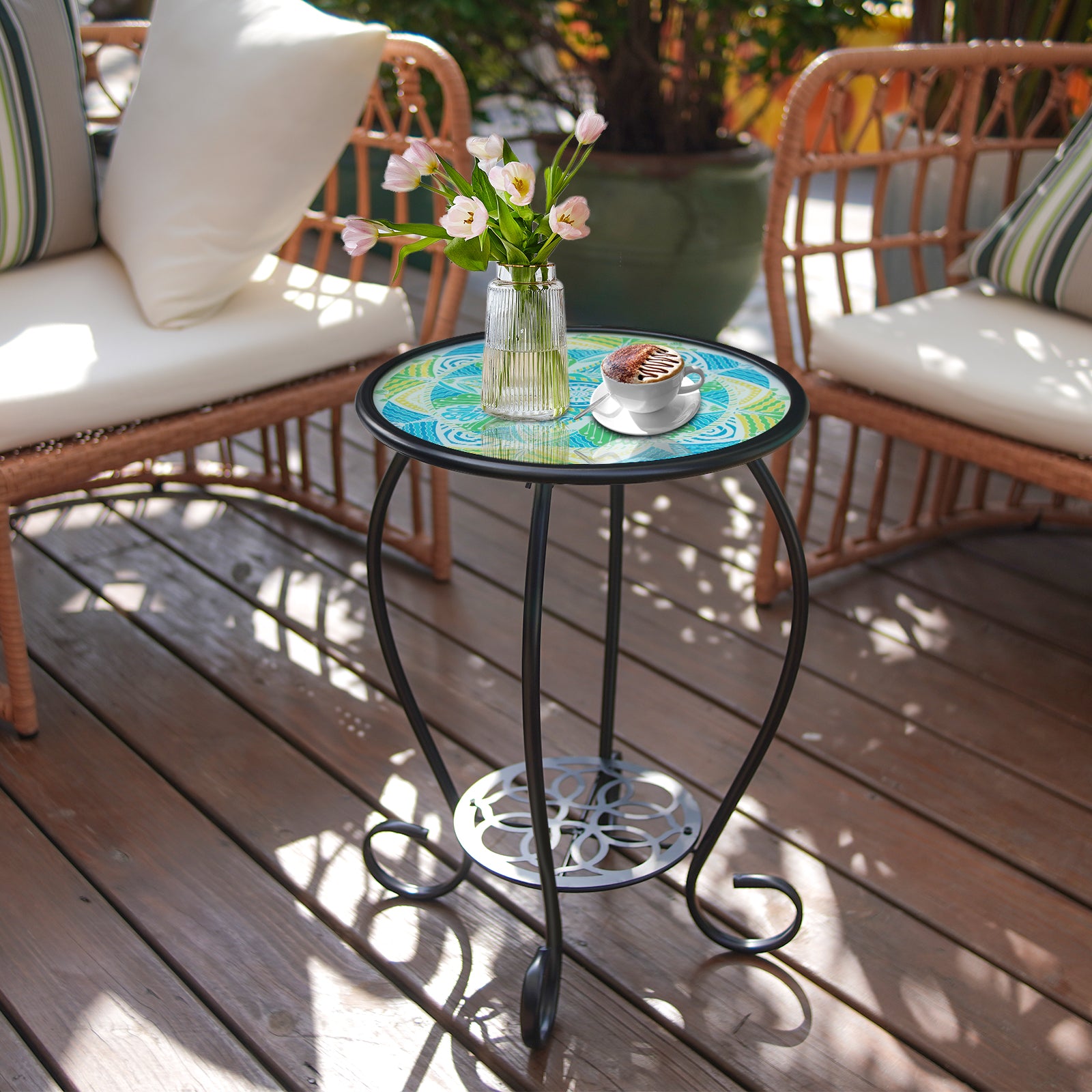 Mandala Mosaic Glass Side Table 14 Inch Metal Frame Outdoor Indoor