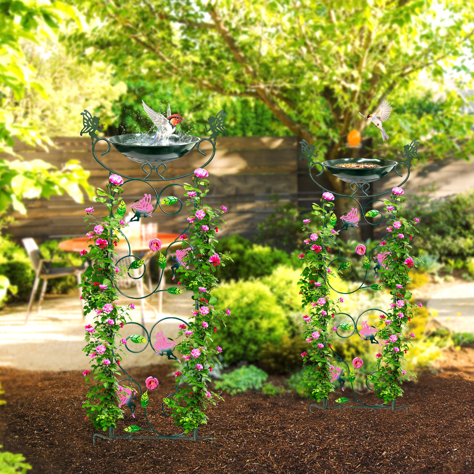 Green Fairy Metal Bird Bath Feeder with Flower Stand 36in