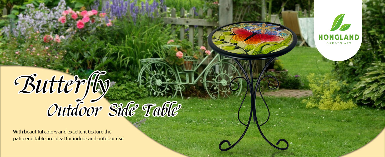 Butterfly Metal Glass Side Table 12in for Garden & Patio