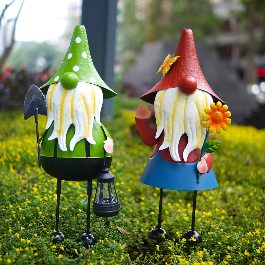 Solar Metal Garden Gnome Statue Set of 2 Outdoor Yard Decor