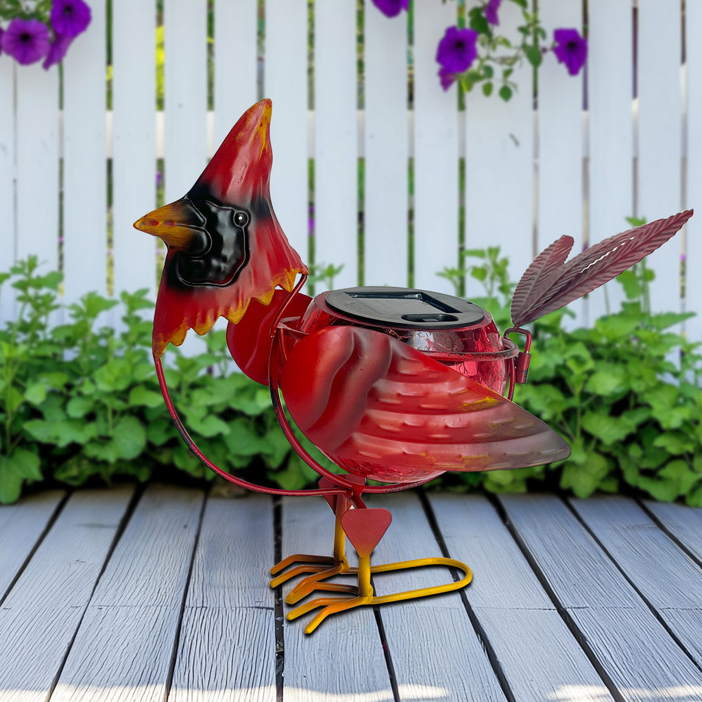 Solar Garden Cardinal Light Metal Crackle Glass Decor