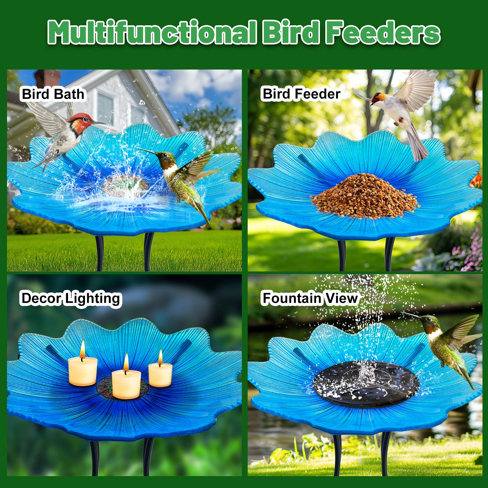 Blue Glass Bird Bath with Metal Stand Garden Decor