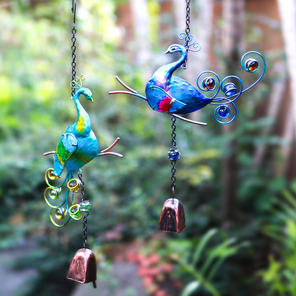 Blue Green Metal Glass Peacock Wind Chime Set of 2