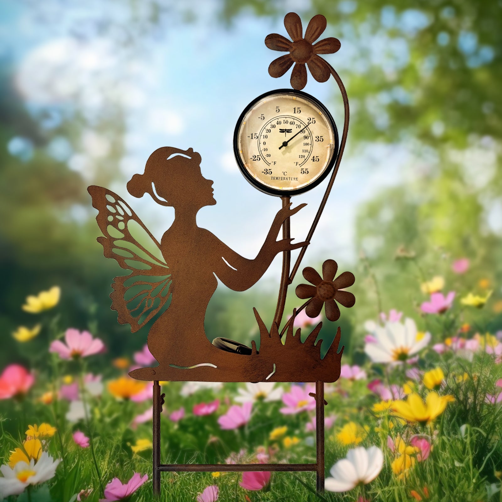 Solar Fairy Thermometer Garden Stake Outdoor Decor