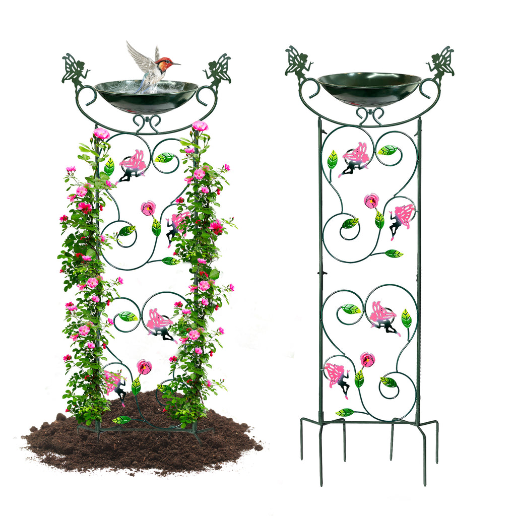Green Fairy Metal Bird Bath Feeder with Flower Stand 36in