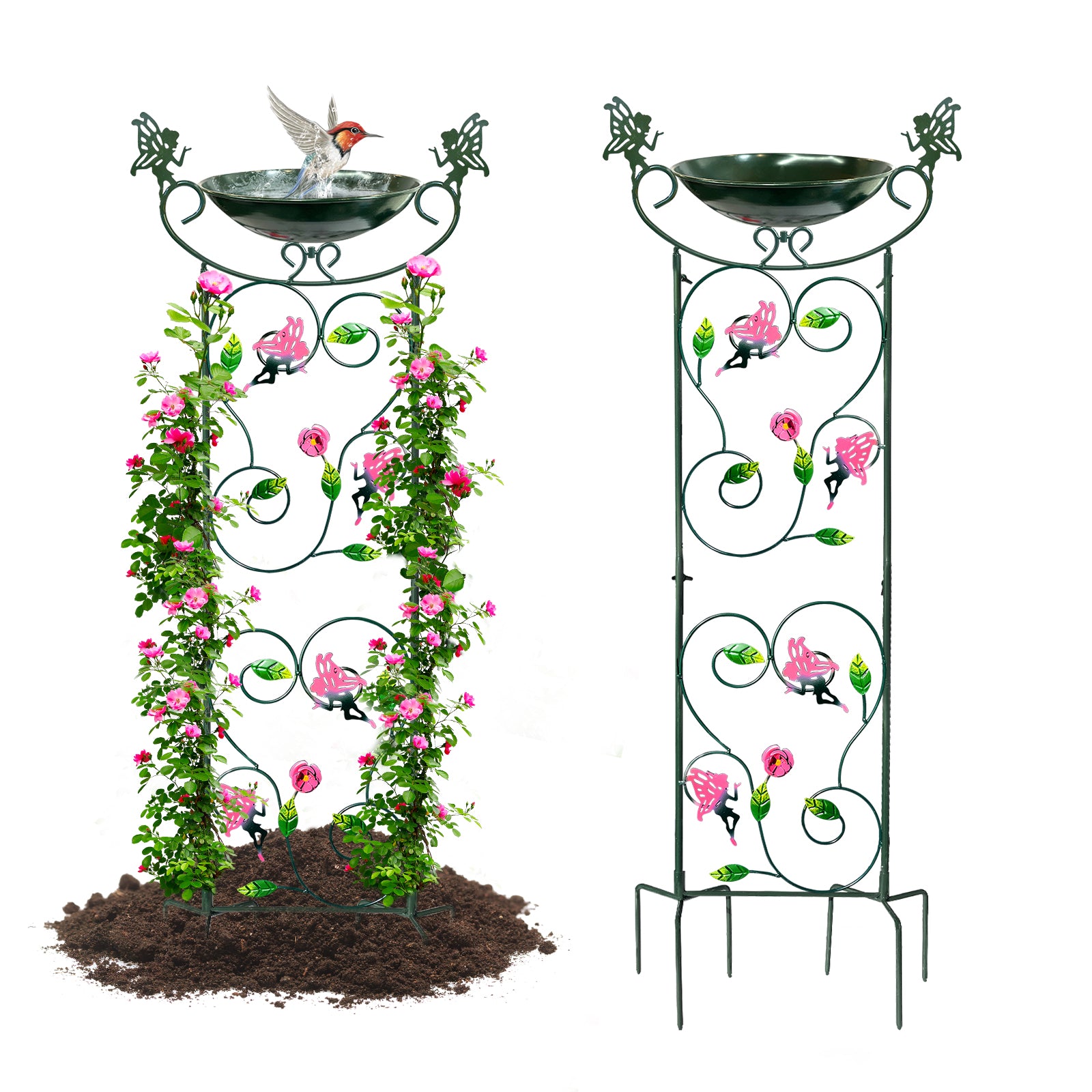 Green Fairy Metal Bird Bath Feeder with Flower Stand 36in