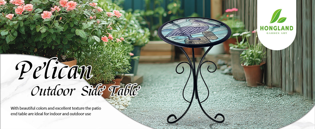 Outdoor Garden Glass Side Table with Pelican Design