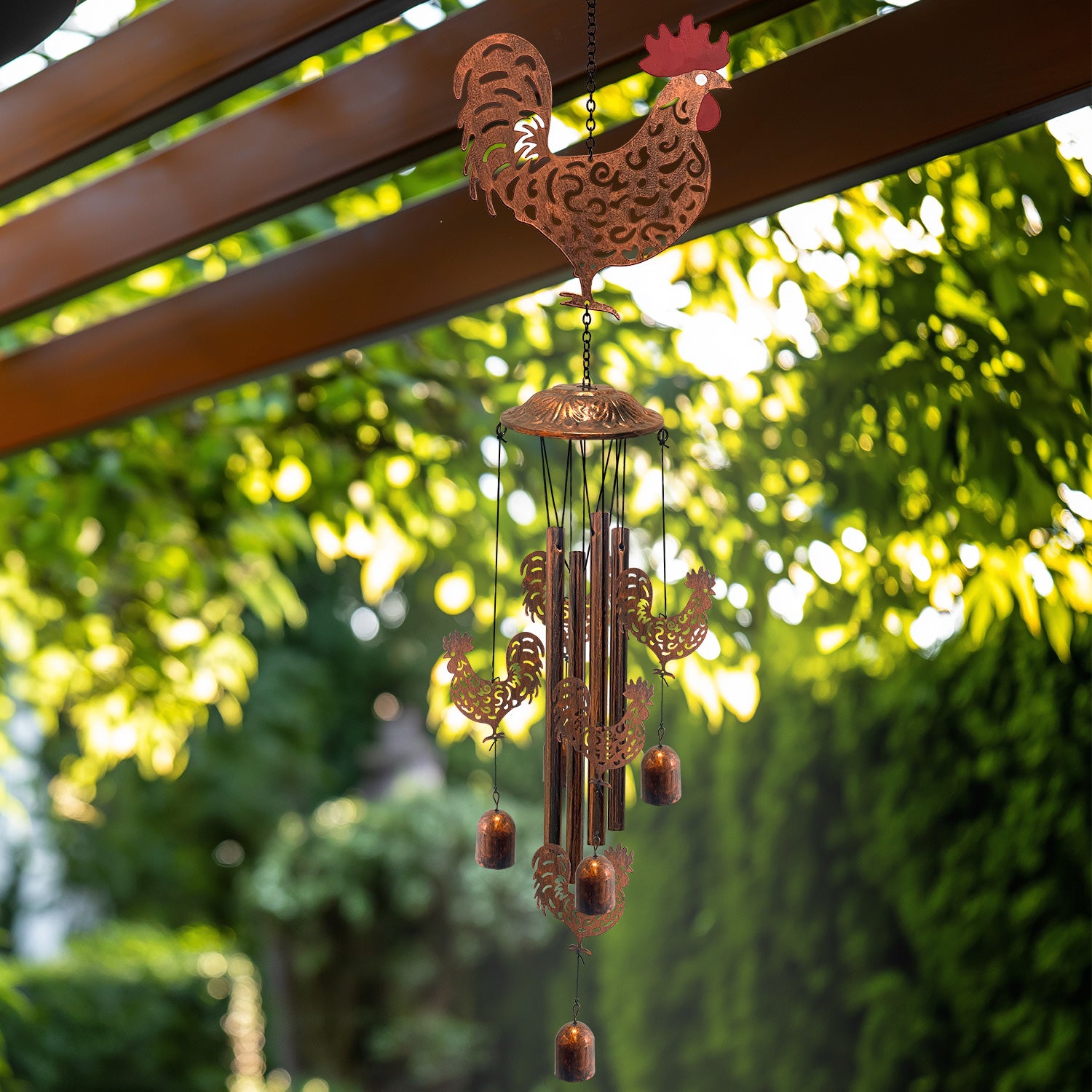 Antique Bronze Rooster Metal Wind Chime for Garden Decor