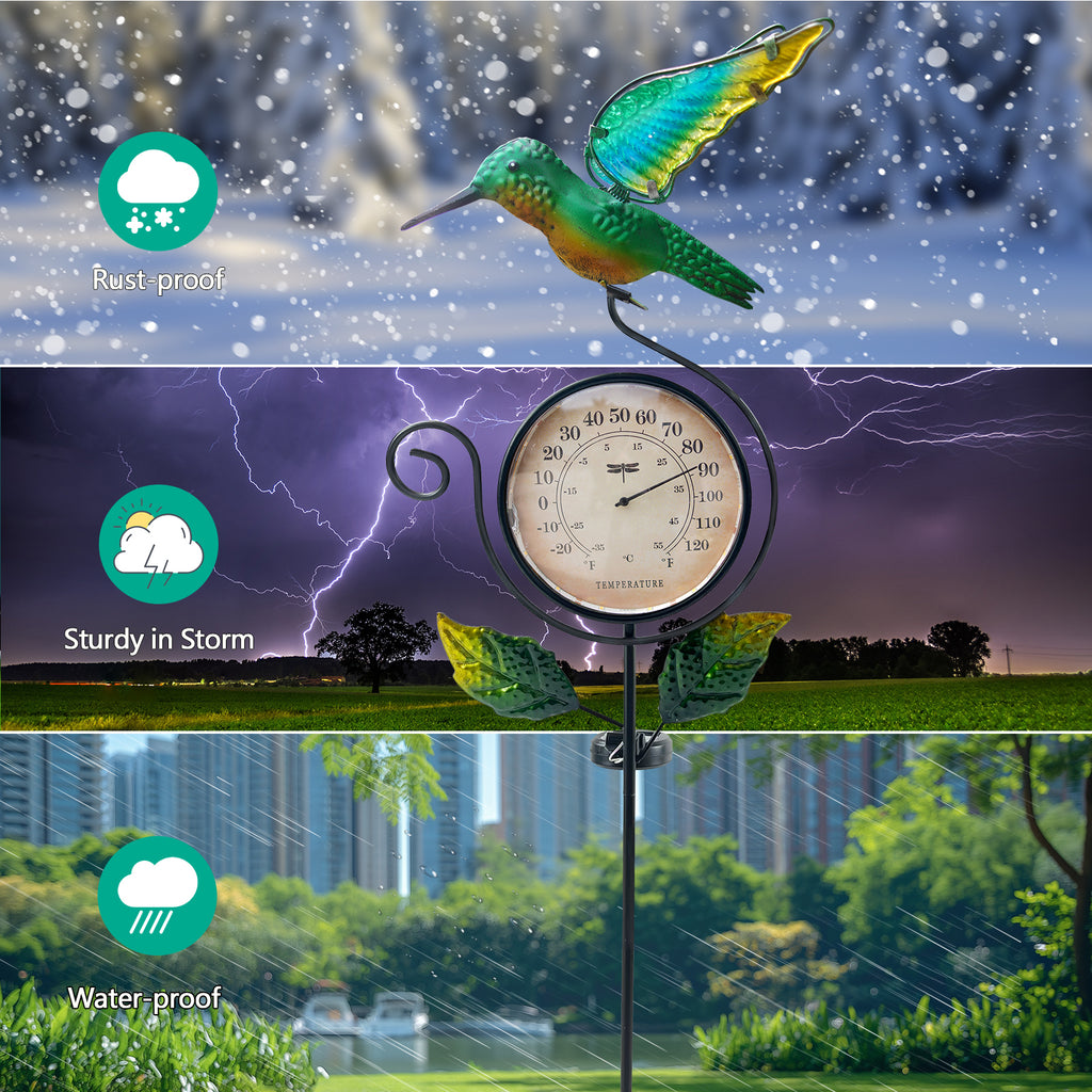 Solar Hummingbird Thermometer Garden Stake Outdoor Decor