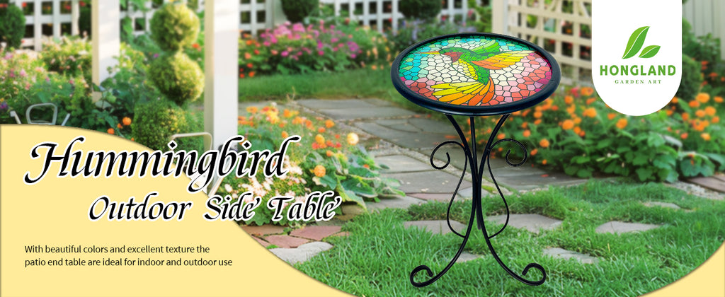 Hummingbird Stained Glass Side Table 12 Inch Outdoor Patio Accent