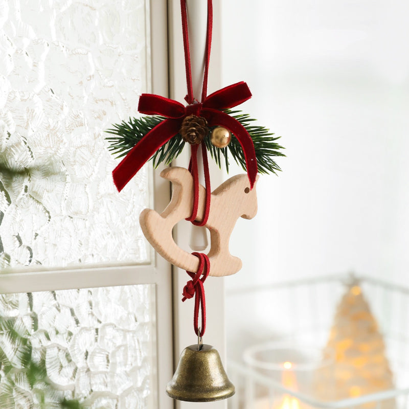 Rustic Wooden Bell Ornament with Pinecone Velvet Bow
