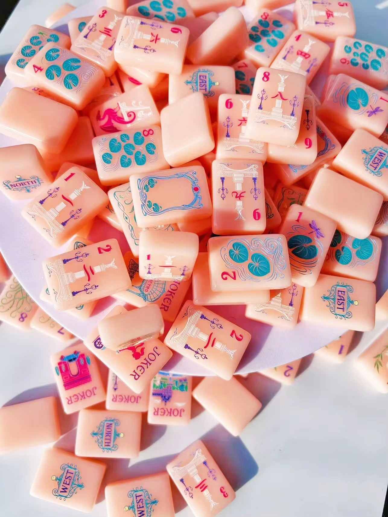 Pink Acrylic Mahjong Set Classic Game Tiles