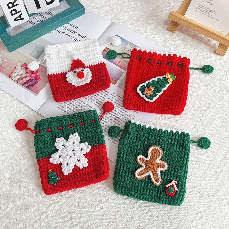 Crochet Christmas Drawstring Gift Pouch Holiday Storage Bag