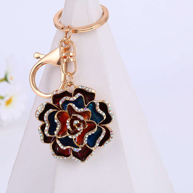 Floral Crystal Keychain Bag Charm Metal Rose Pendant