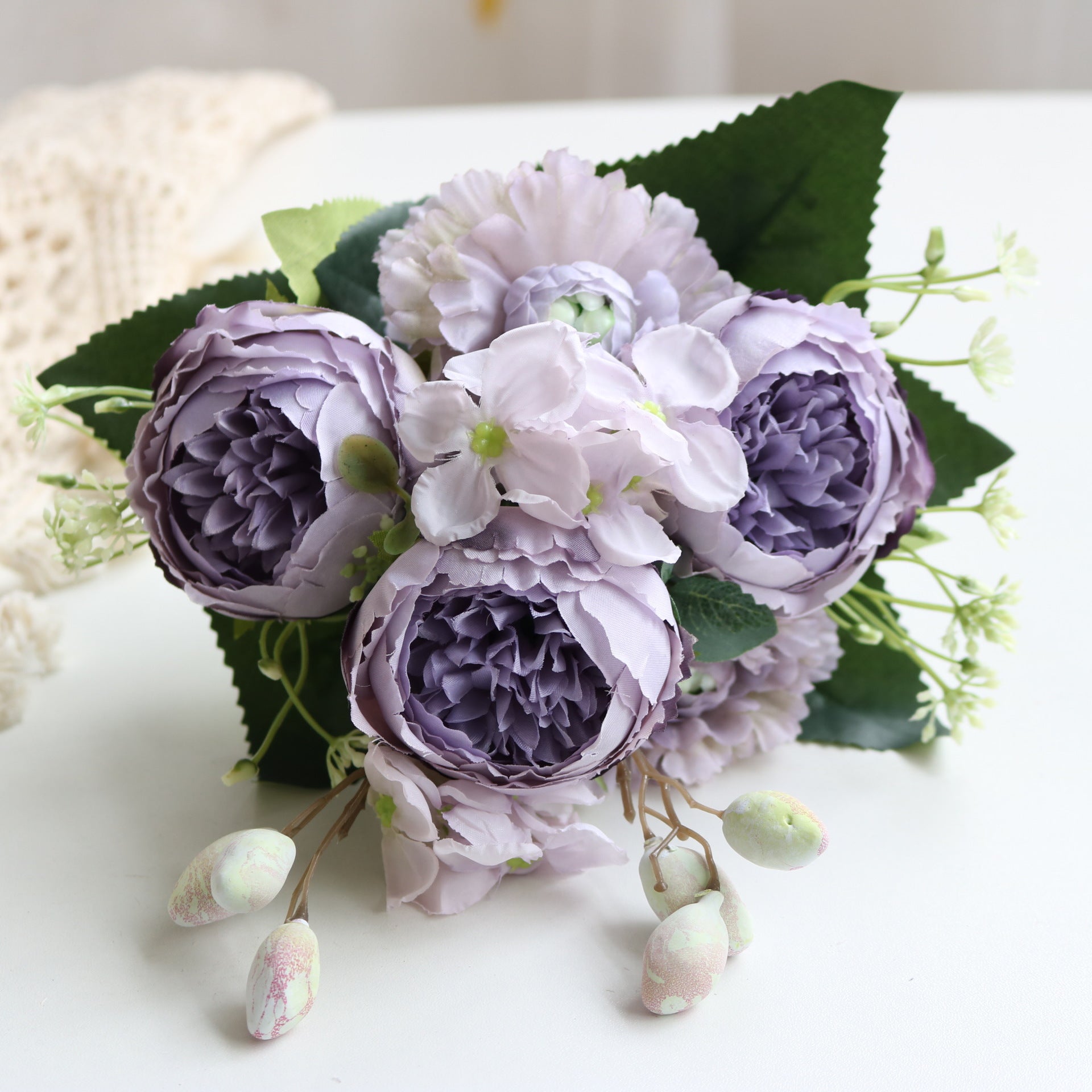 Valentine 5-Head Nordic Faux Peony Hydrangea Berry Bouquet