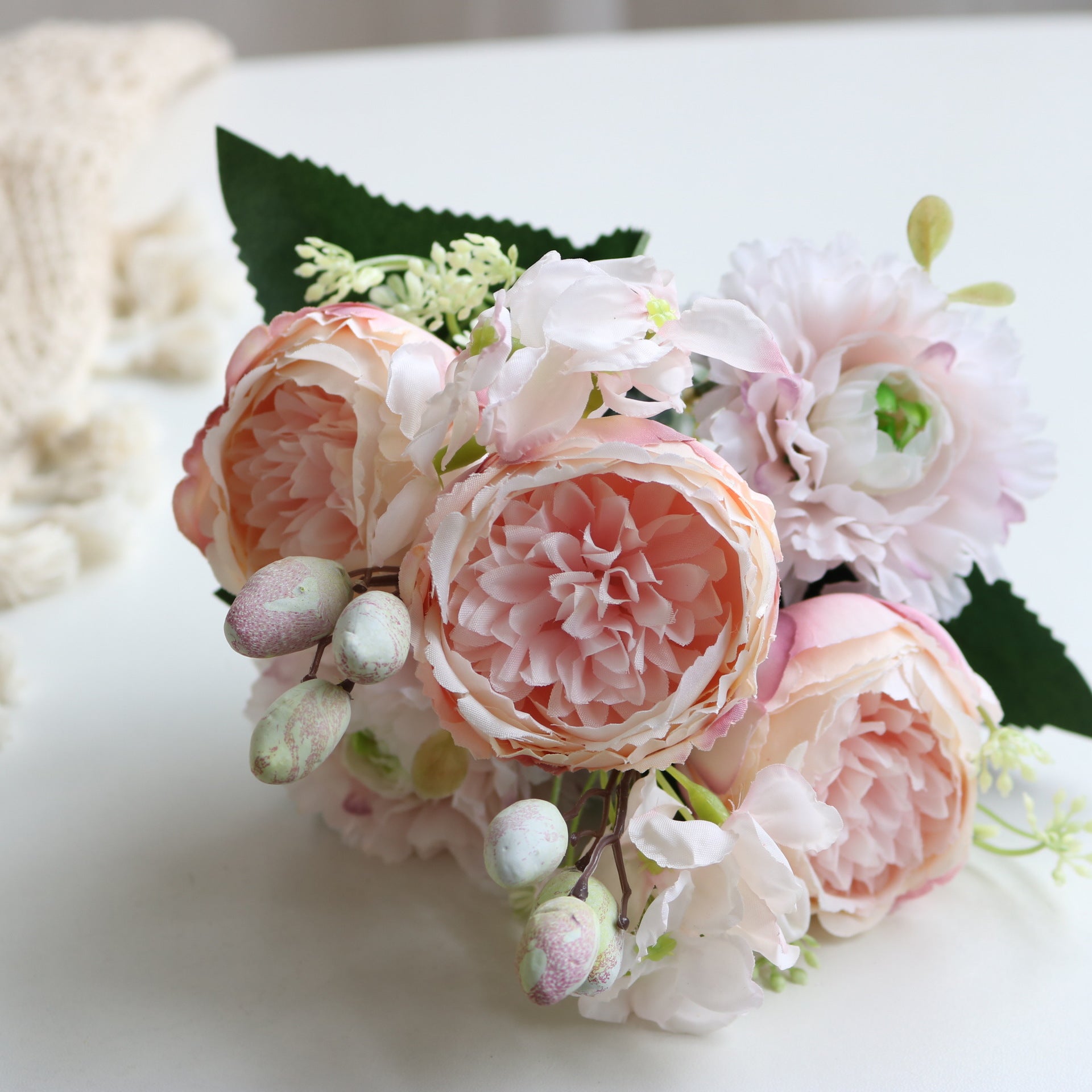 Valentine 5-Head Nordic Faux Peony Hydrangea Berry Bouquet