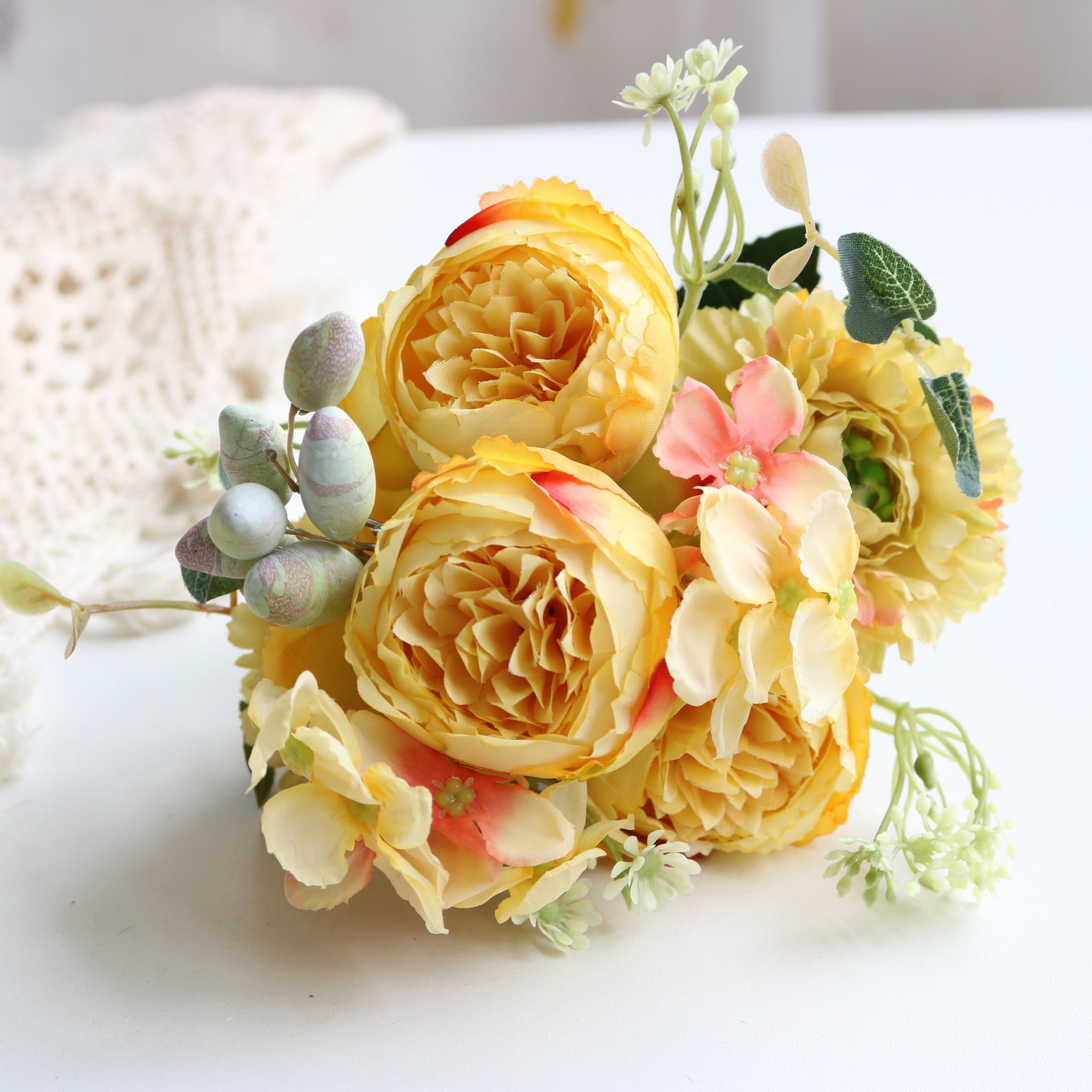 Valentine 5-Head Nordic Faux Peony Hydrangea Berry Bouquet
