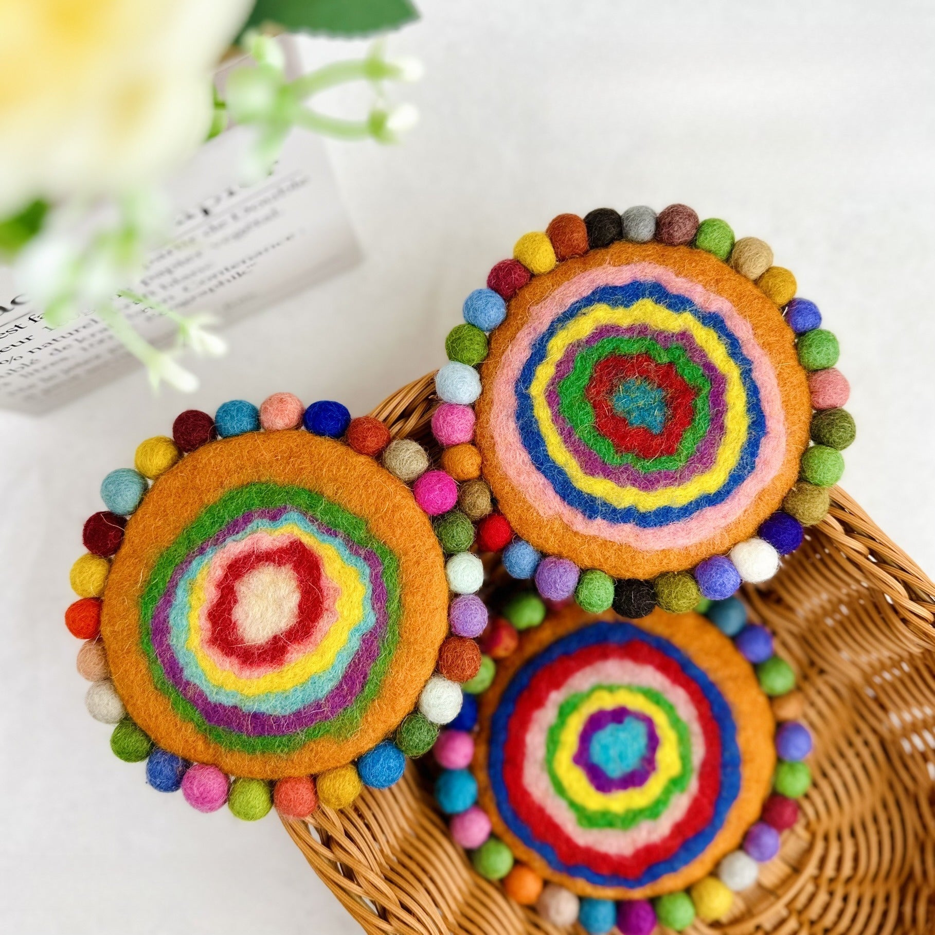Handmade Felt Coaster Set Wool Dye Round Coasters Hot Pad Table Decor