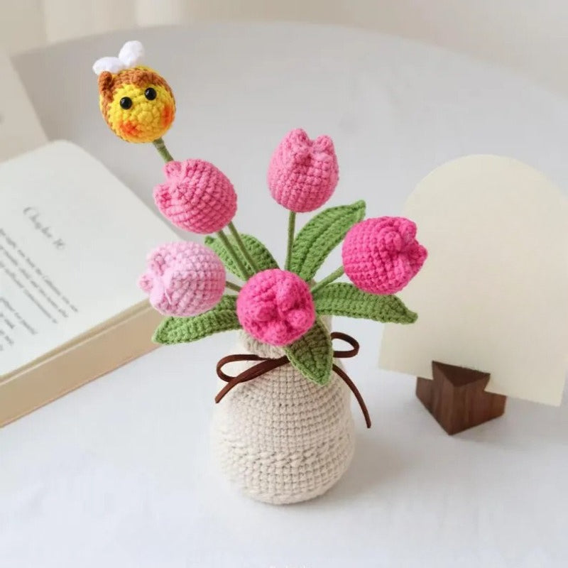 Handmade Crochet Tulip Flower Vase Bee Floral Decor