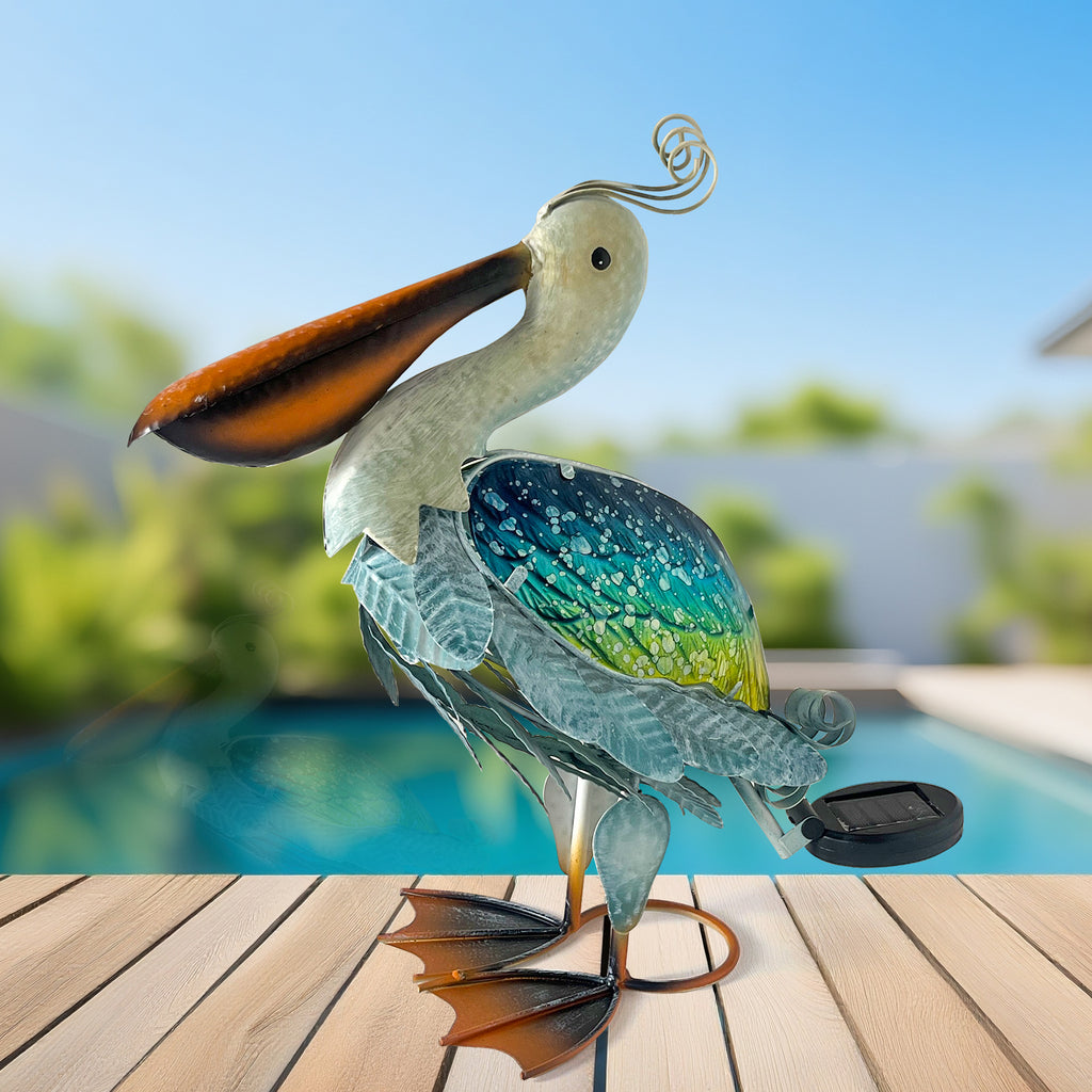 Solar Garden Pelican Statue Metal Glass Outdoor Decor