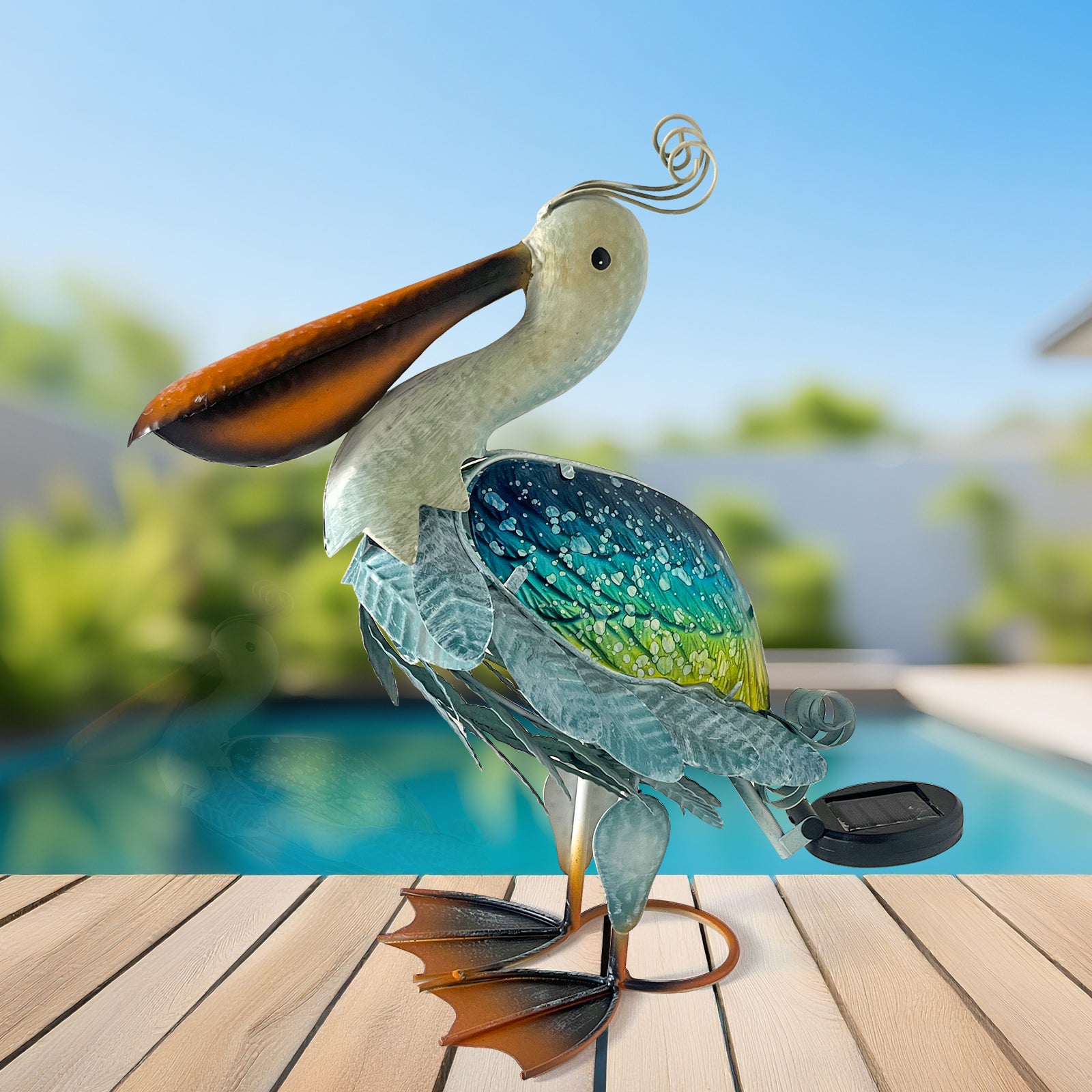 Solar Garden Pelican Statue Metal Glass Outdoor Decor