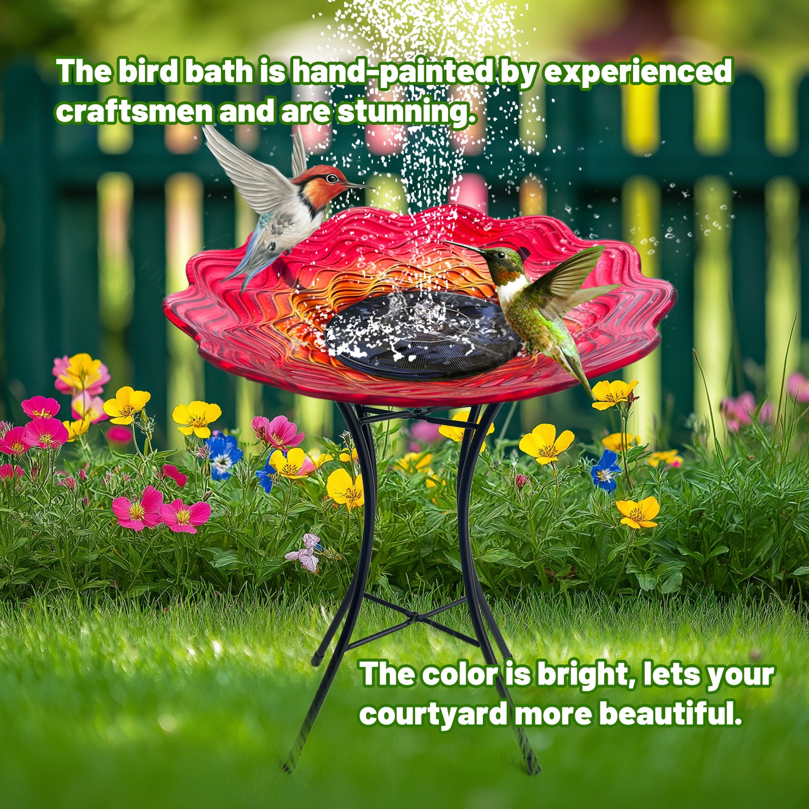 Red Yellow Glass Bird Bath with Metal Stand Garden Decor
