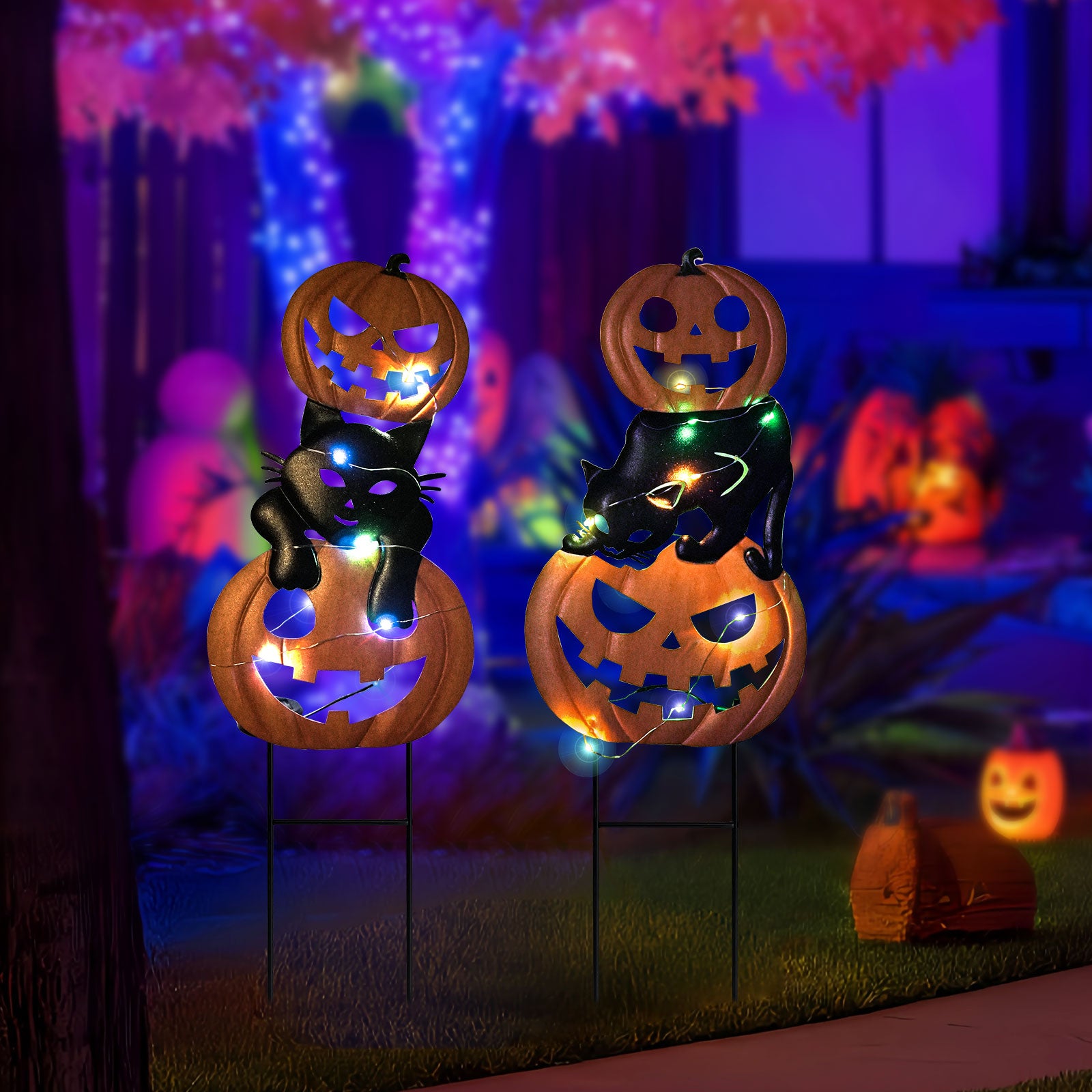 Halloween Pumpkin Cat Garden Stakes Lighted Outdoor Decor