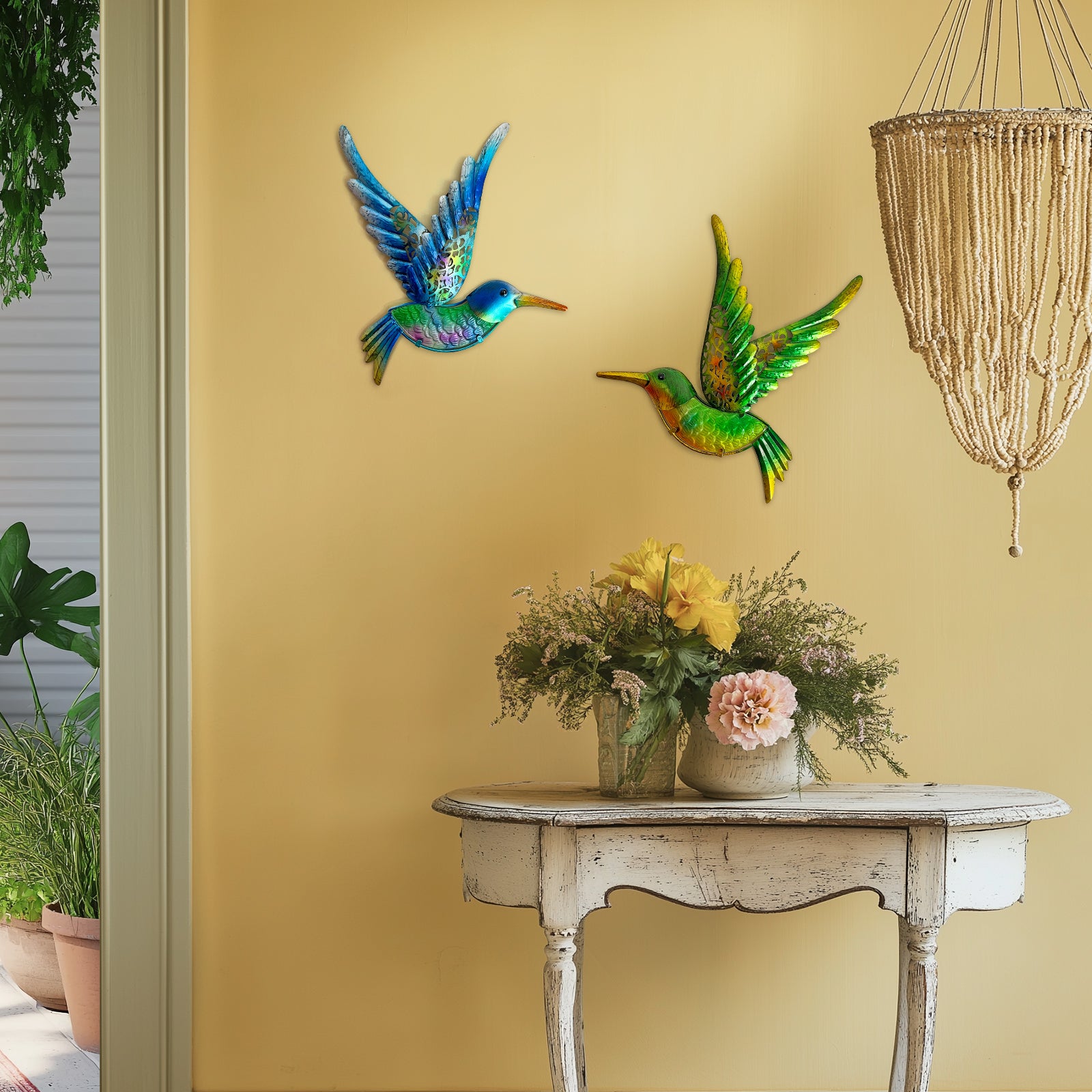 Outdoor Metal Hummingbird Wall Art Glass Garden Decor Set