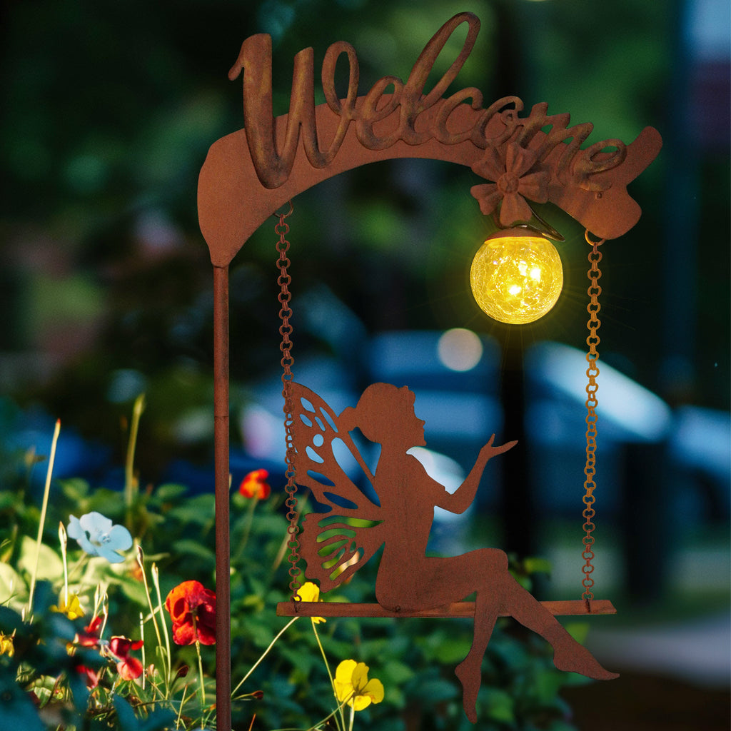 Solar Fairy Swing Light Rust Metal Welcome Garden Stake