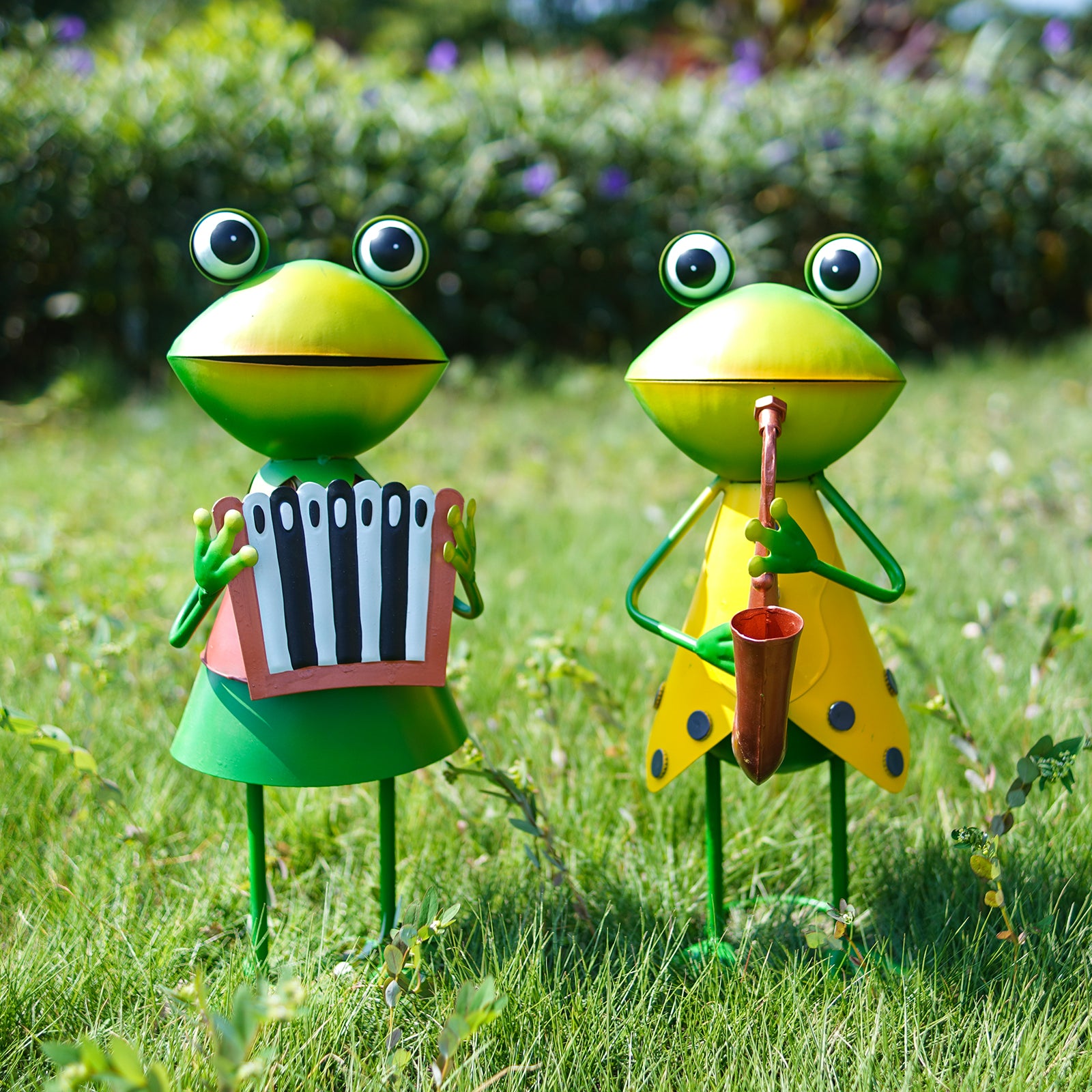 Metal Frog Musician Statue Set of 2 Outdoor Garden Decor