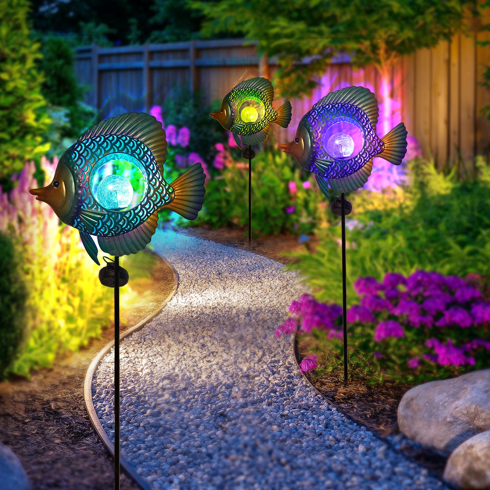 Solar Fish Garden Light 36 Inch Metal Outdoor Decor
