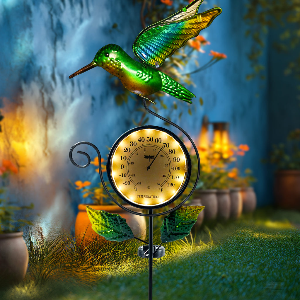 Solar Hummingbird Thermometer Garden Stake Outdoor Decor