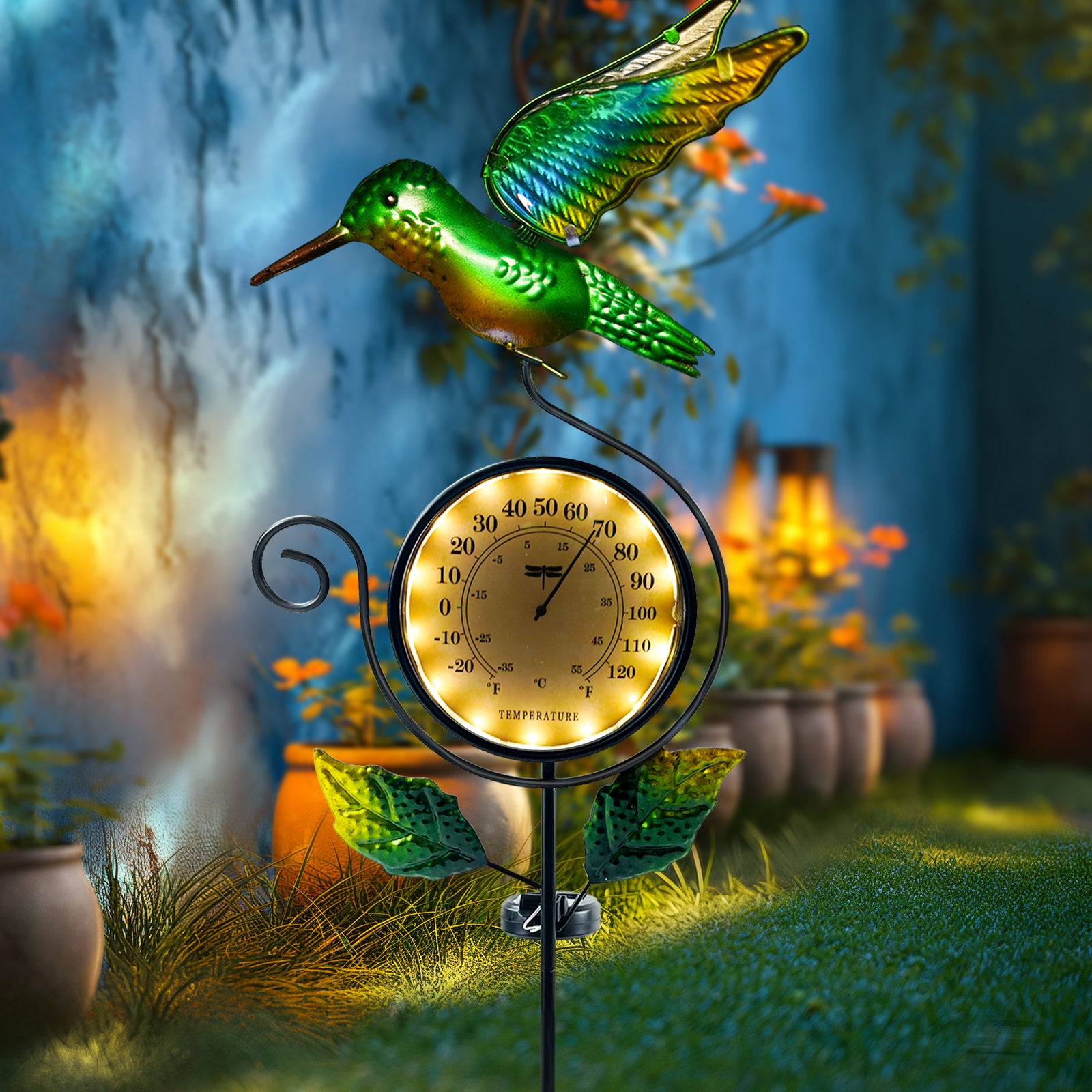 Solar Hummingbird Thermometer Garden Stake Outdoor Decor