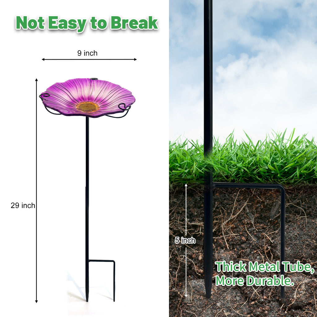 Purple Glass Flower Bird Bath Feeder Garden Stake
