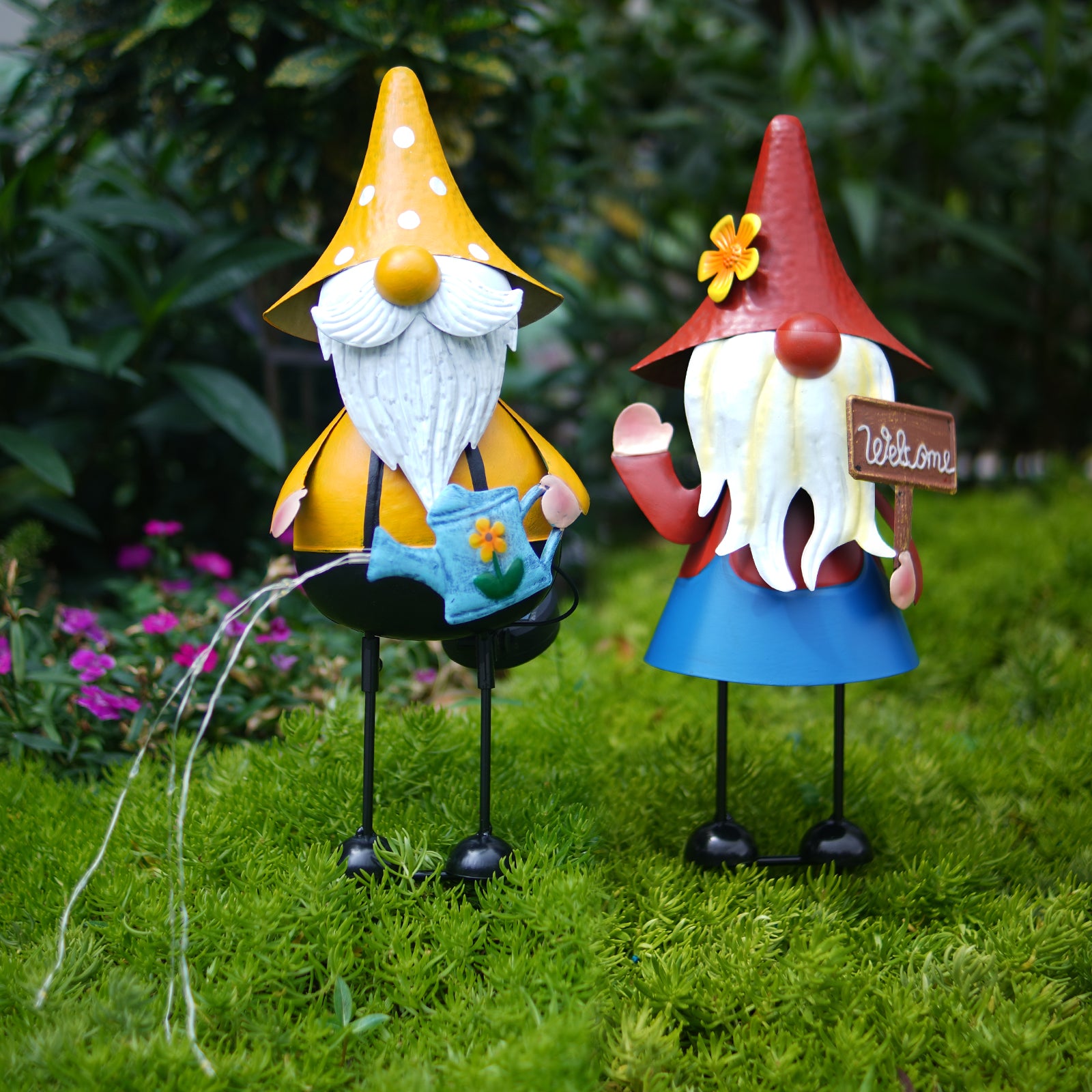 Solar Metal Garden Gnome Statue Set of 2 Outdoor Yard Decor