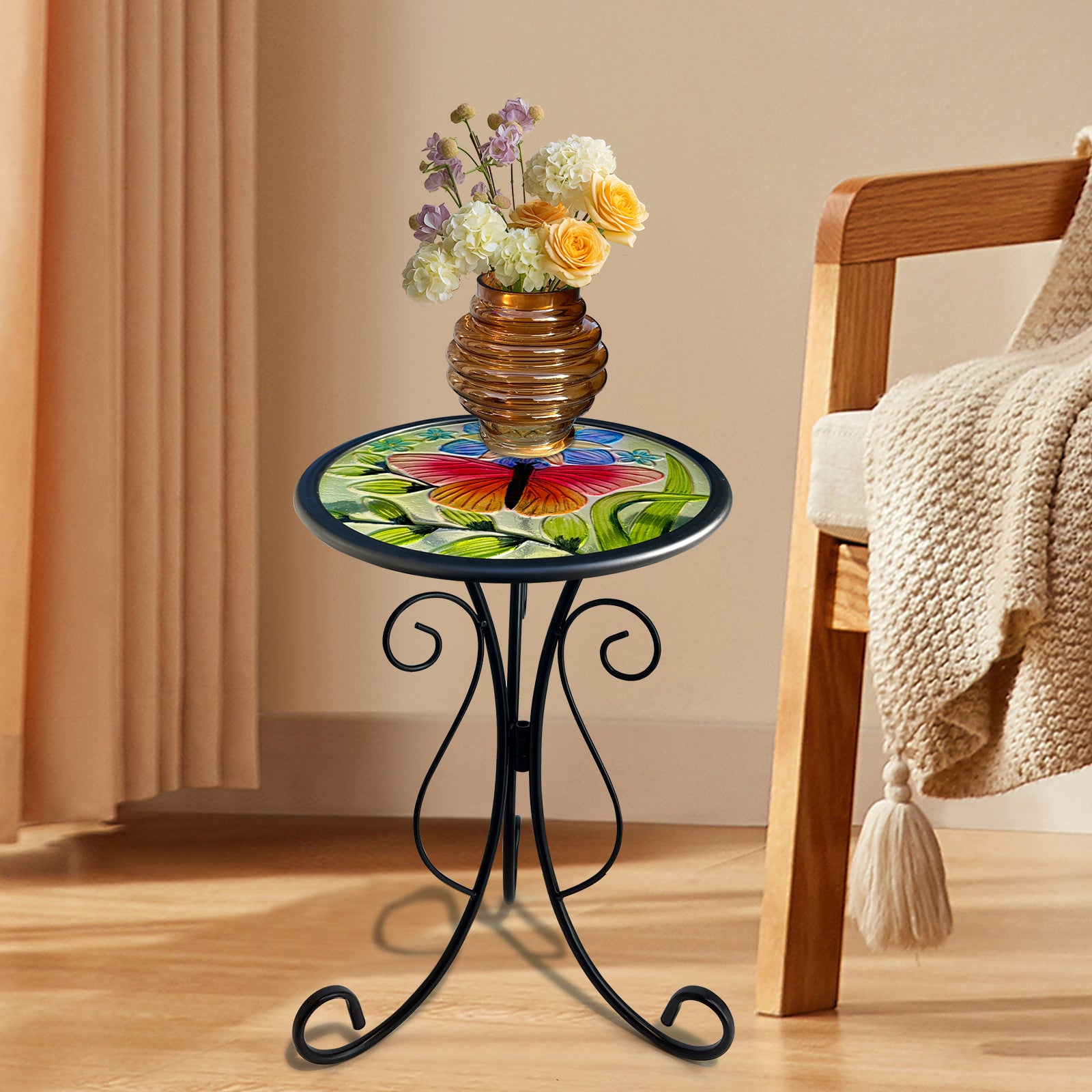 Butterfly Metal Glass Side Table 12in for Garden & Patio