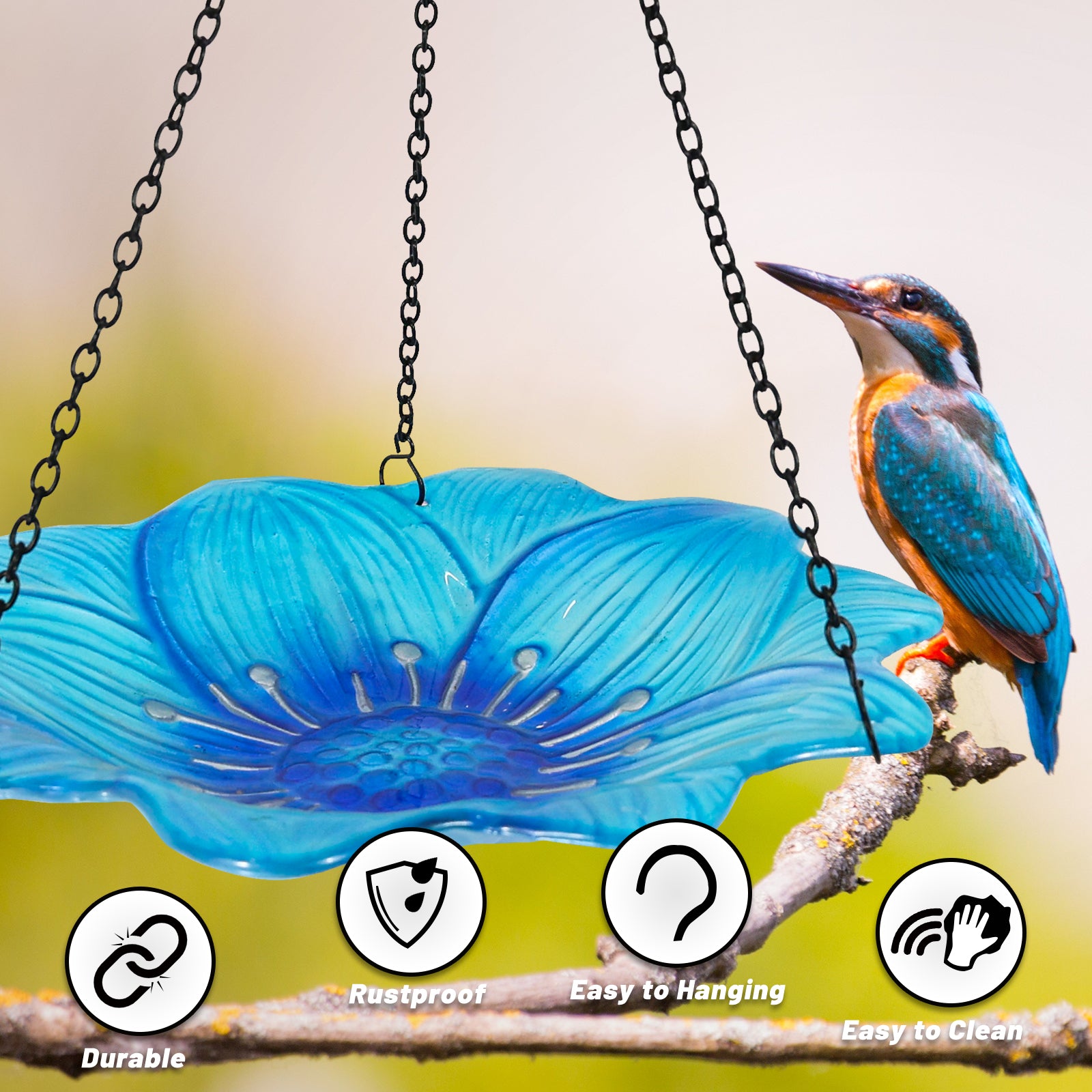Blue Glass Hanging Bird Feeder Garden Outdoor Decor