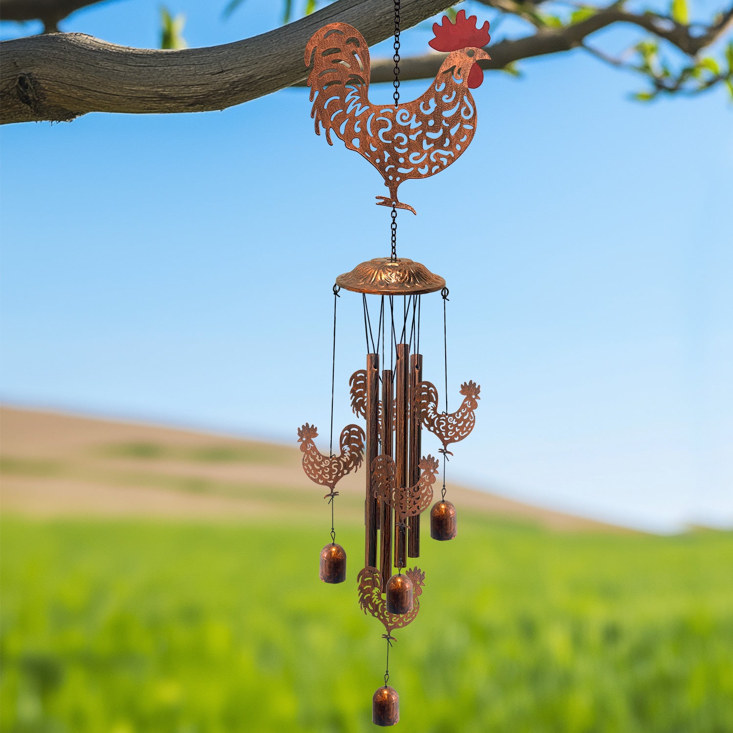 Antique Bronze Rooster Metal Wind Chime for Garden Decor