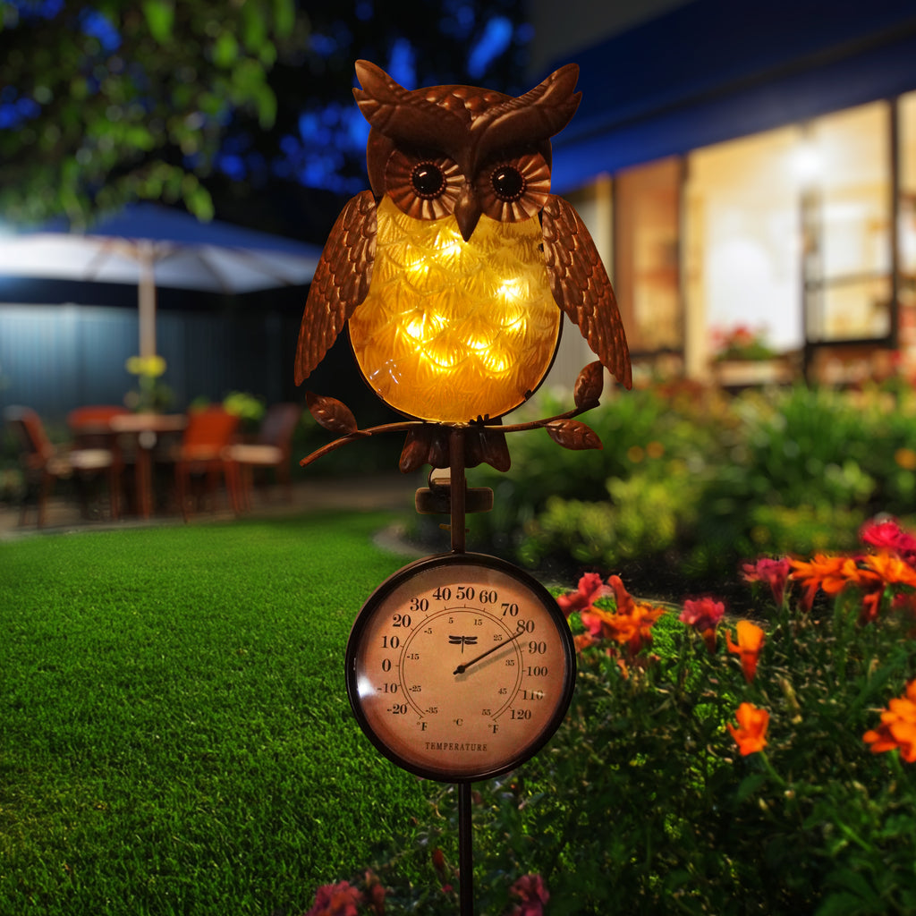 Solar Owl Thermometer Garden Stake Outdoor Yard Decor