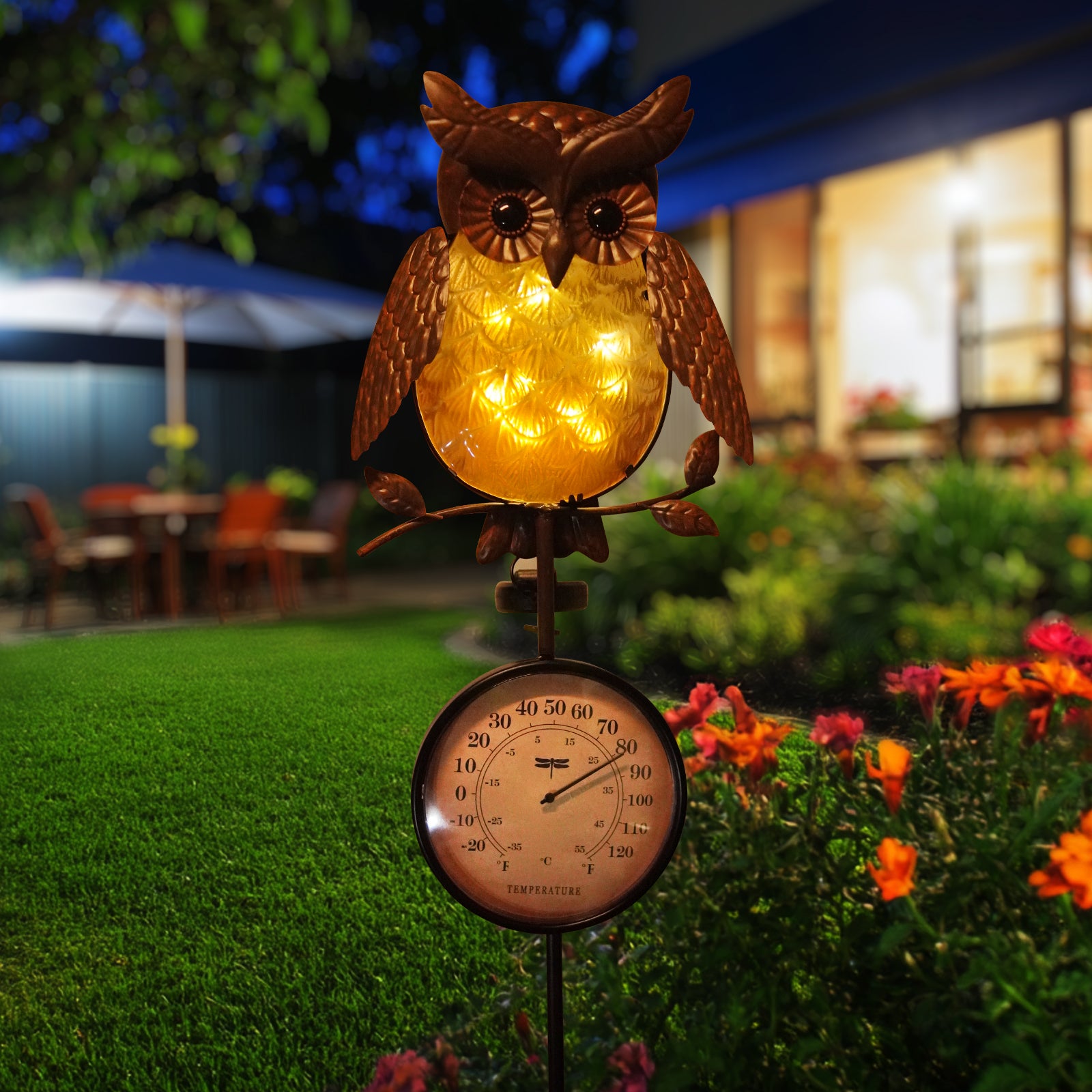 Solar Owl Thermometer Garden Stake Outdoor Yard Decor