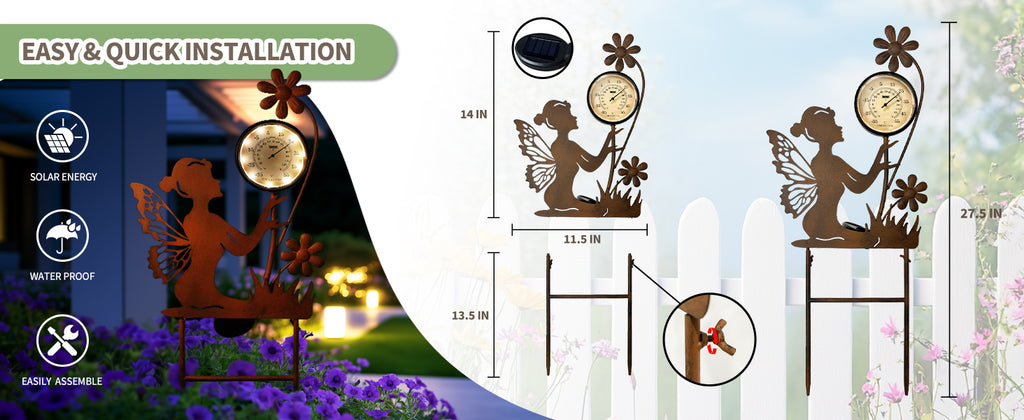Solar Fairy Thermometer Garden Stake Outdoor Decor