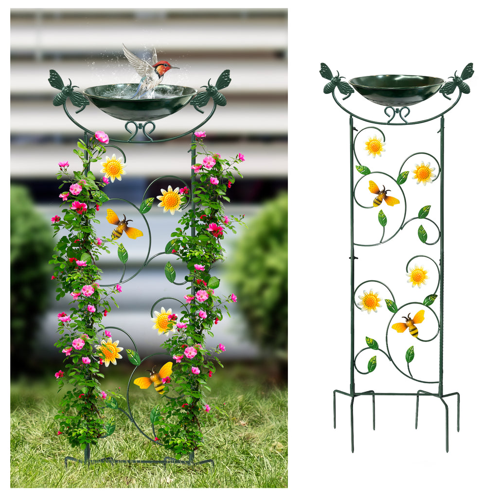 Green Bee Metal Bird Bath with Trellis Garden Decor