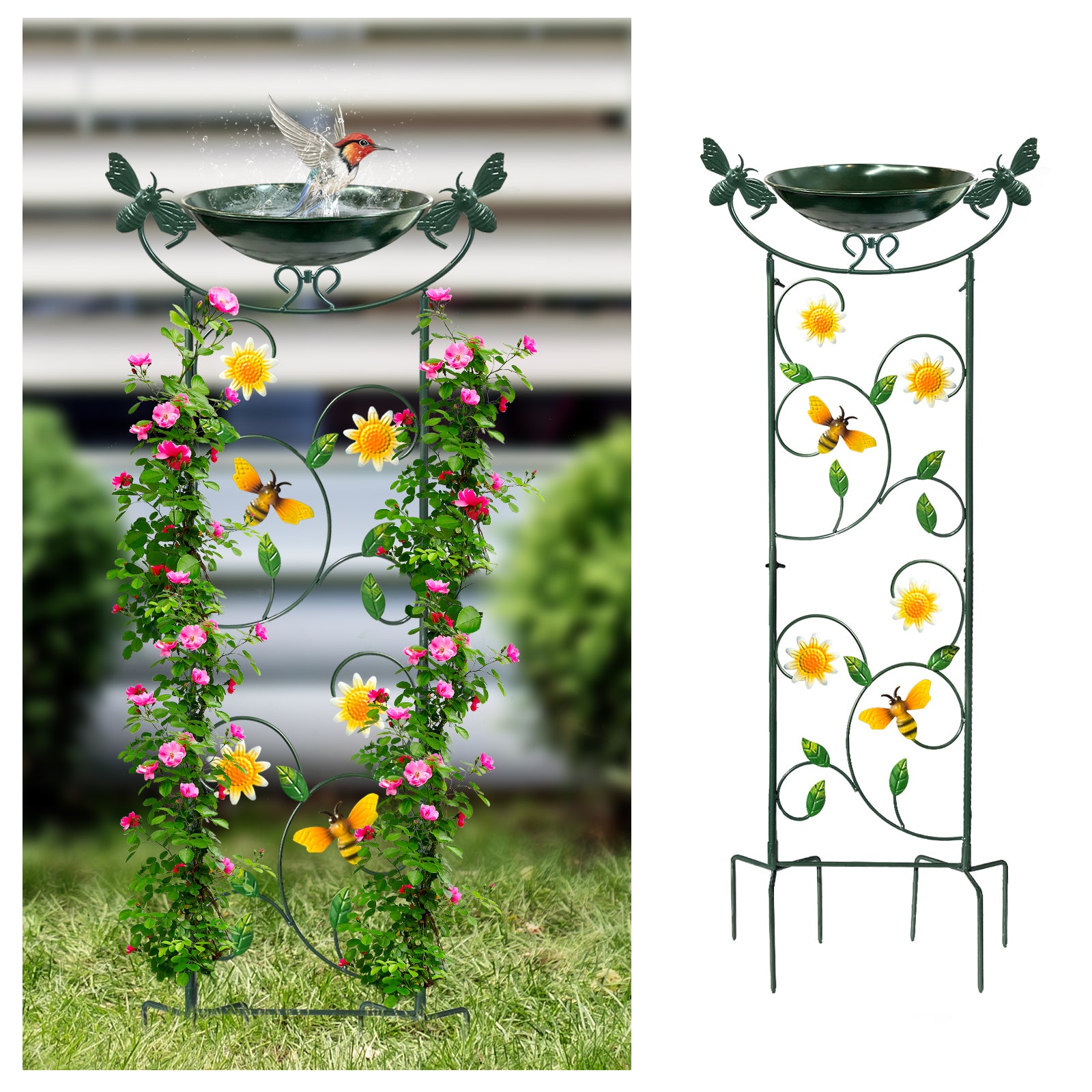 Green Bee Metal Bird Bath with Trellis Garden Decor