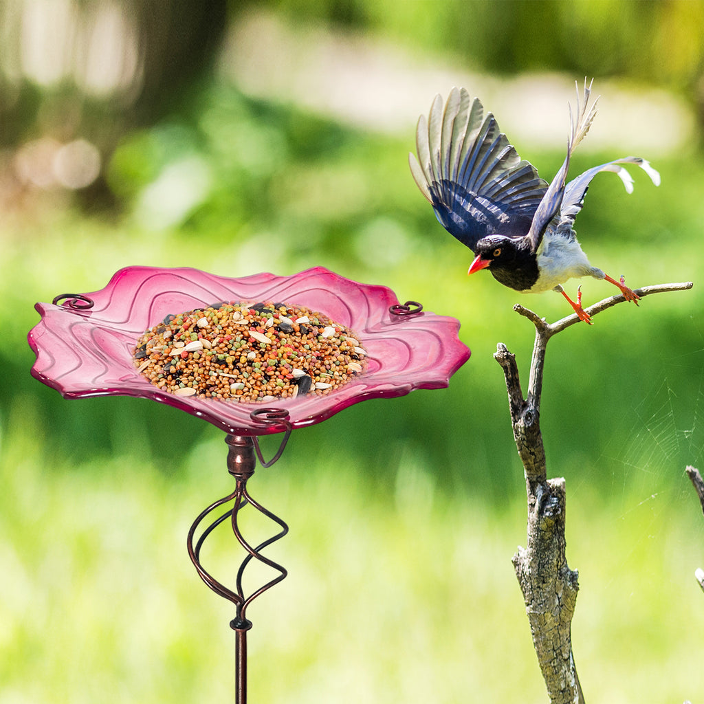 Pink Glass Metal Bird Feeder Garden Stake Decor
