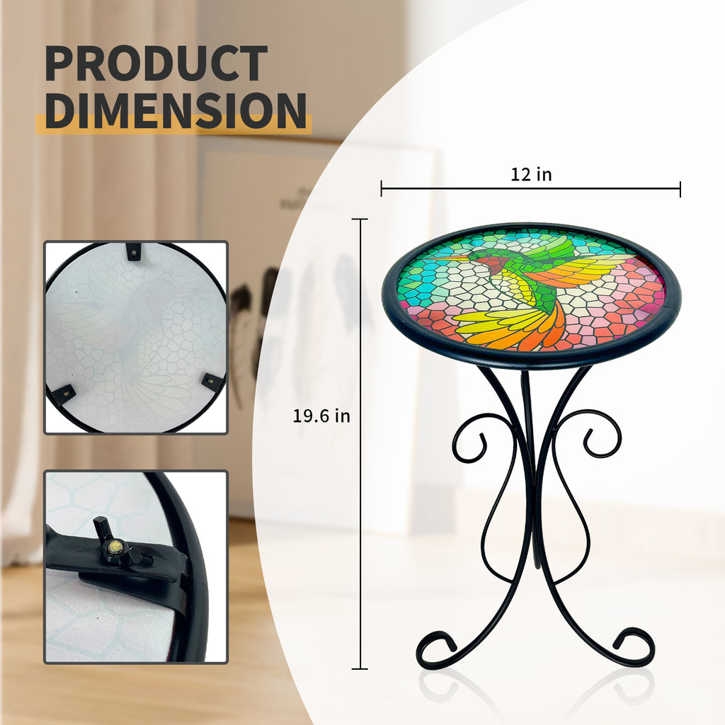 Hummingbird Stained Glass Side Table 12 Inch Outdoor Patio Accent