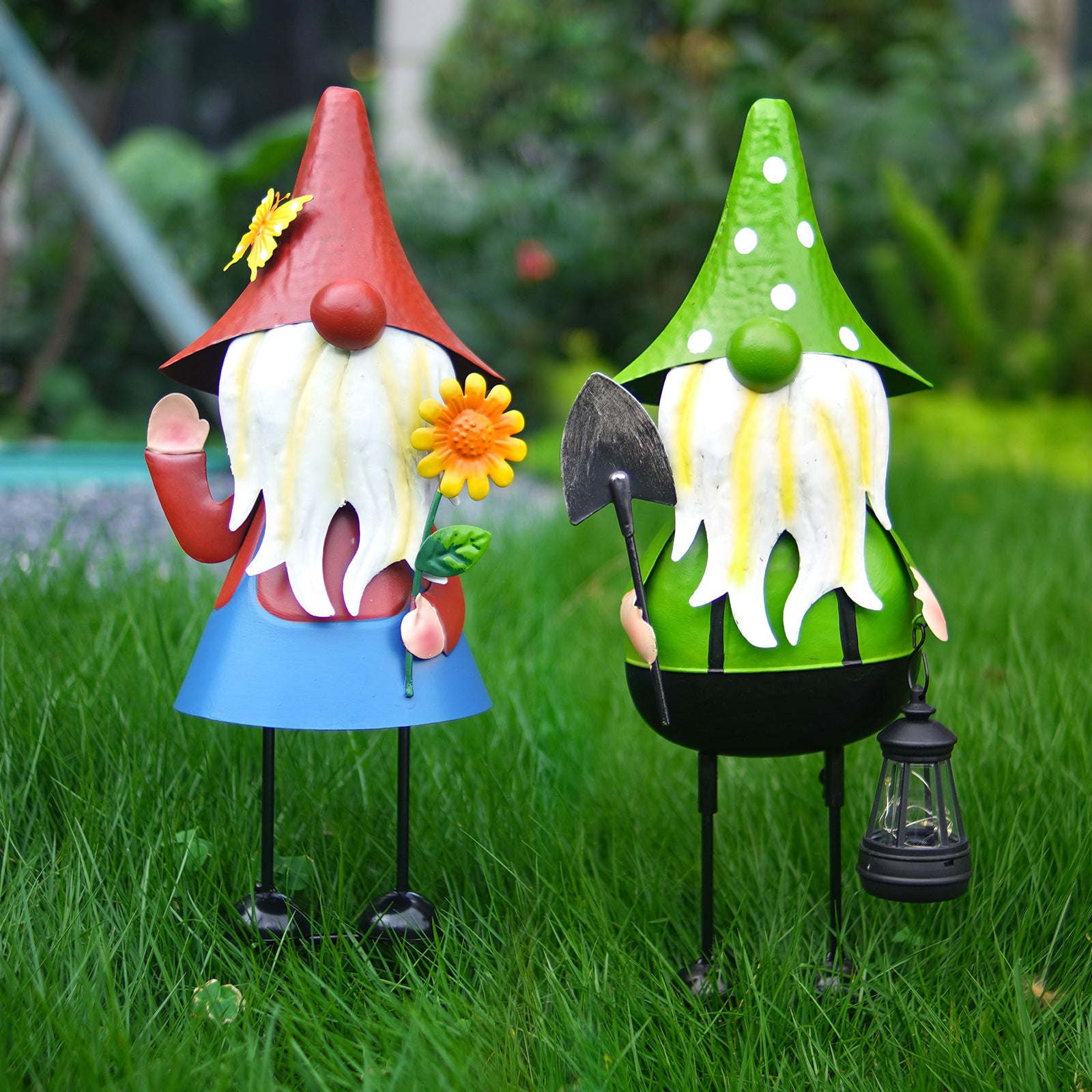 Solar Metal Garden Gnome Statue Set of 2 Outdoor Yard Decor