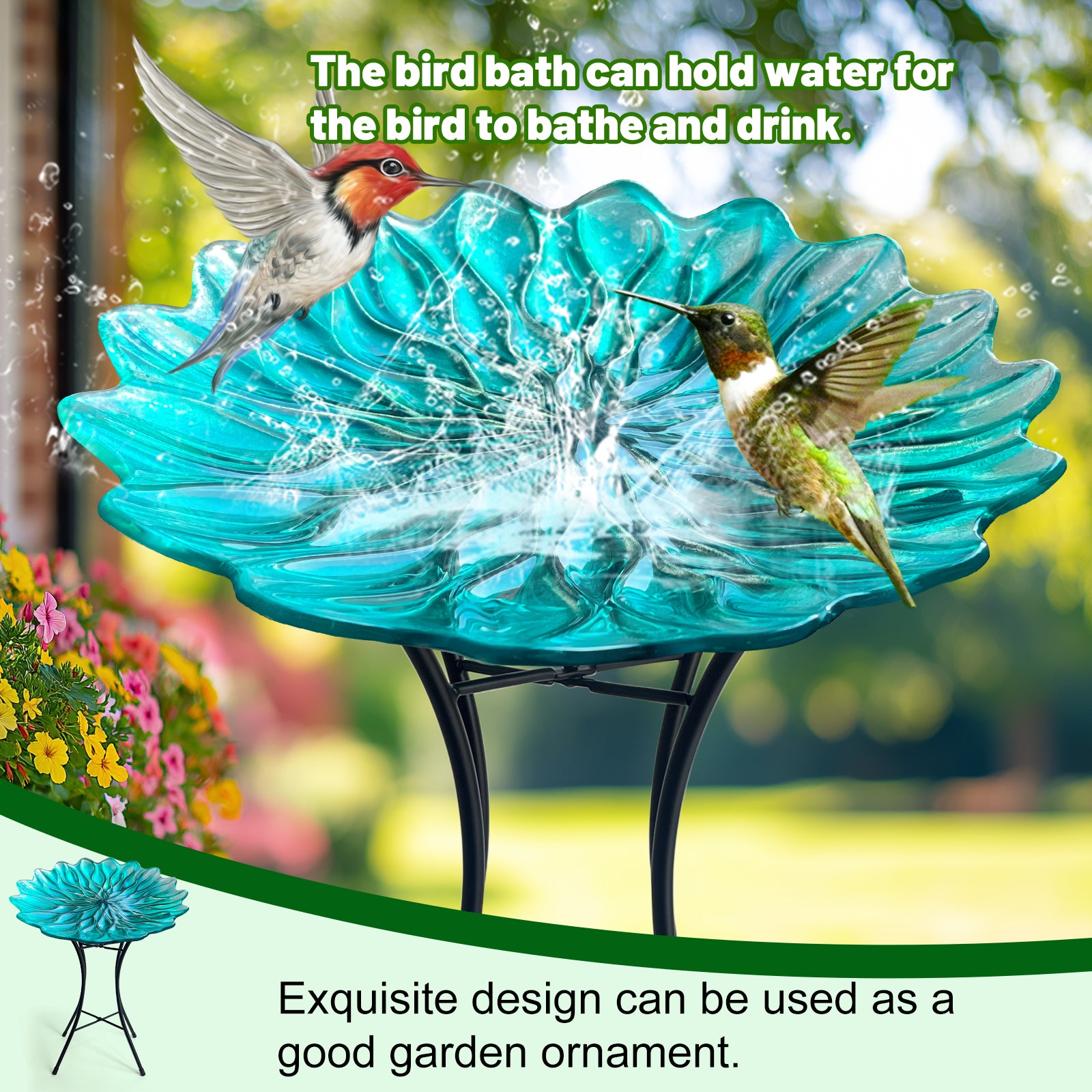 Green Glass Bird Bath with Metal Stand Garden Decor